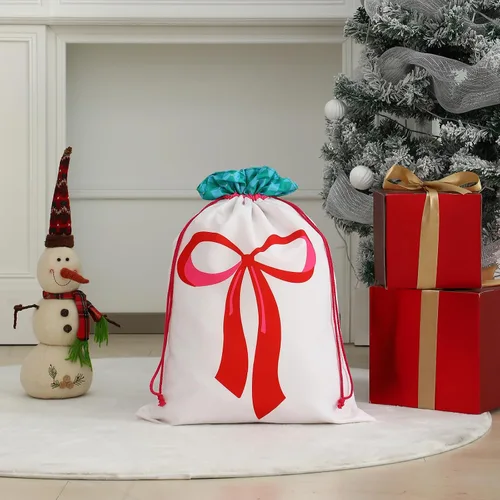 Miniatura 2 de THOVSMOON Saco de Navidad de Papá Noel con cordón, bolsa de regalo de lona de Santa Claus de 19.7 x 27.5 pulgadas, reutilizable, regalos de Navidad