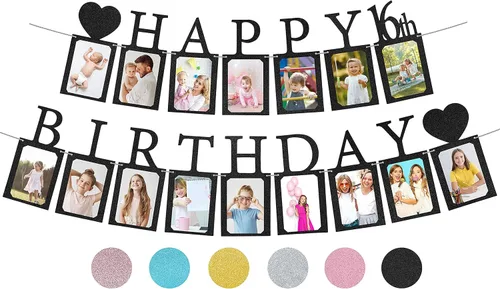Decoraciones de Cumpleaños Sweet 16 Cartel de Fotos en Negro Pre-ensamblado - Cartel Sweet 16 CON Dieciséis Marcos de Tarjetas de Fotos Suministros
