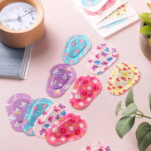 Miniatura 6 de Panelee 60 parches adhesivos para ojos, a granel, transpirables, coloridos, diseños divertidos, de 3 x 2 pulgadas, vendajes de algodón con bloqueo