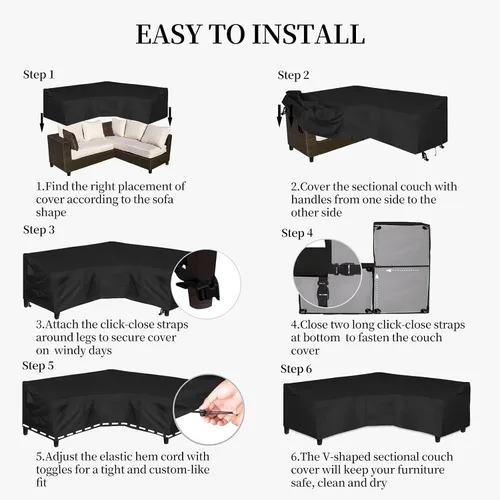 Miniatura 7 de Easy-Going Funda de sofá seccional para patio de alta resistencia 600D, 100 x 100 pulgadas, en forma de V, funda impermeable para sofá seccional