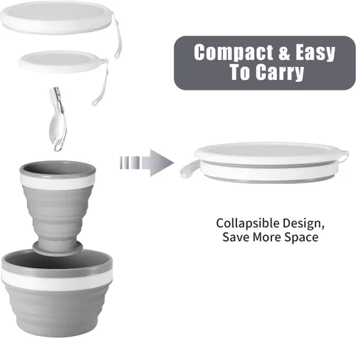 Miniatura 2 de Odoland, juego de taza y tazón de silicona plegable para camping, kit de cocina portátil con cuchara y tapa de acero inoxidable para 1 persona