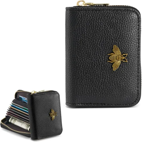 WOZEAH Billetera pequeña para mujeres con bloqueo RFID, cartera para tarjetas de crédito, cartera de acordeón de cuero con cremallera, Negro,