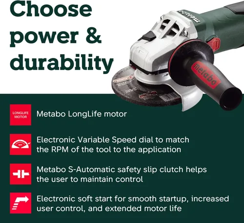 Miniatura 9 de Metabo WEV15-125 HT Amoladora angular, con traba, de 13.5 amperes, con 2800 a 9600 revoluciones por minuto, con elementos electrónicos y alto par