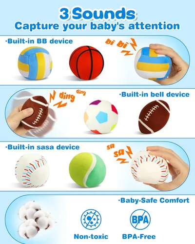Miniatura 3 de Vanmor Pelotas deportivas sensoriales para bebés de 6 a 12 meses, paquete de 6 bolas de felpa lavables a máquina con arrugados, sonajeros, sonidos