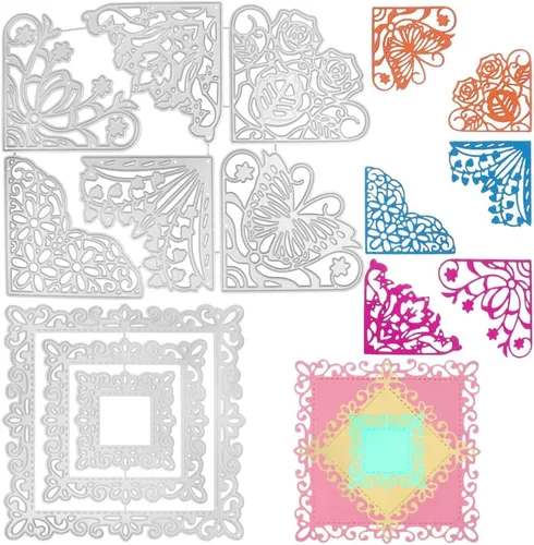 3 troqueles de corte de marco cuadrado de esqueleto, 9 piezas de troqueles de encaje de esquina de metal, flores, mariposas, plantilla en relieve