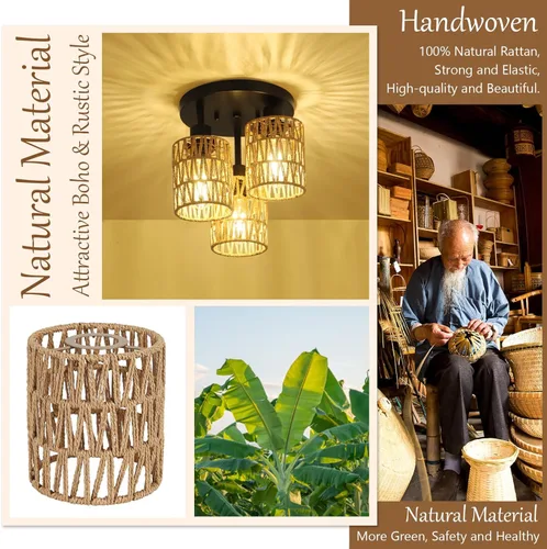 Miniatura 3 de Lámparas de Techo Bohemias de 3 Luces Montaje en Techo, Candelabro de Ratán Estilo Granja, Pantalla de Jaula Tejida a Mano Montaje Semi Empotrado