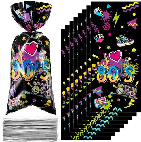 100 bolsas de regalo para fiesta de los años 80, recuerdos de los 80, neón retro de los años 80, bolsas de plástico de celofán con 100 lazos