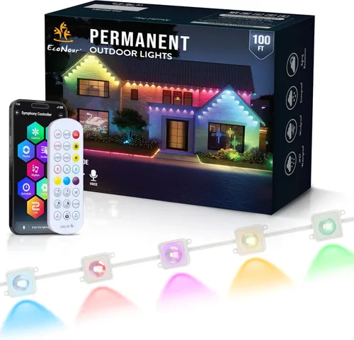 EcoNour Luces permanentes RGB inteligentes para exteriores de 100 pies | Sincronización de música, luces LED impermeables con conector de extensión