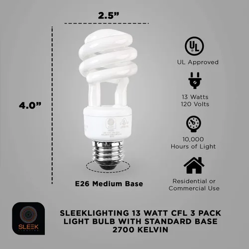 Miniatura 2 de Bombilla espiral – Bombilla CFL de base E26 – Bombillas CFL de 13 vatios – 3 unidades, 2700 Kelvin para blanco cálido y 800 lúmenes