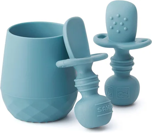 Miniatura 12 de SAMiGO Utensilios de silicona para bebés – Cucharas de autoalimentación y pequeña taza de entrenamiento – Suministros de destete LED para bebés