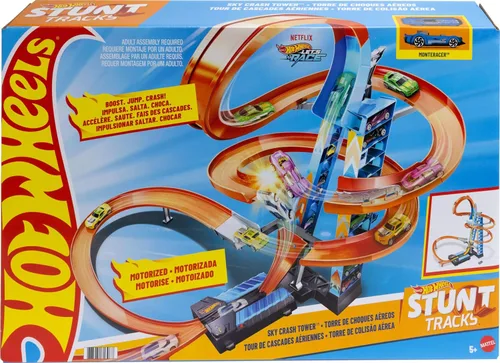 Hot Wheels Sky Crash Tower Track Set - Juego de pistas de torre de 2.5+ pies / 83 cm de altura con refuerzo motorizado, pista naranja y 1 vehículo