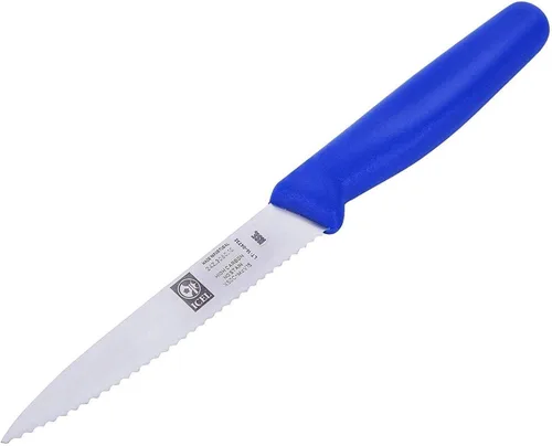 ICEL Cuchillo de pelar de 4 pulgadas, borde dentado, punta de punta, acero inoxidable alemán de alto carbono, hoja afilada, mango azul