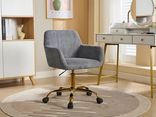Miniatura 10 de KCC Silla de Tocador de Maquillaje de Tela de Pana, Sillón Giratorio Esponjoso Moderno con Ruedas, Tapizada Mullida de Altura Ajustable para Niñas