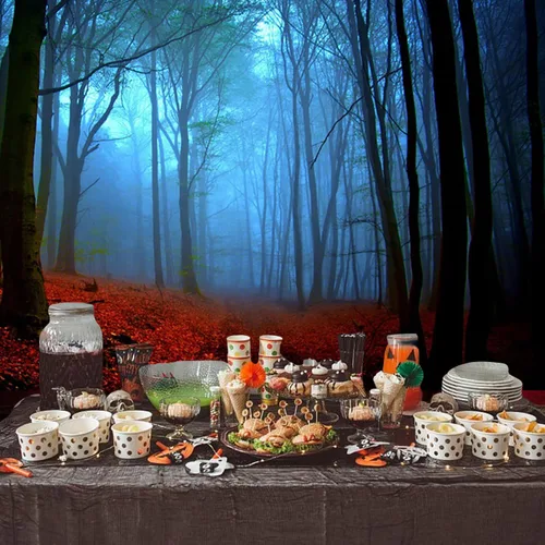 Miniatura 3 de Misty Forest Backdrop Halloween Eve Dark Blue Fog Fall Autumn Maple Leaves Woods Background for Thanksgiving Party Photography Studio Photo Booth