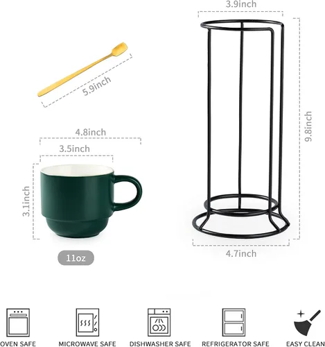 Miniatura 2 de YHOSSEUN Tazas de café apilables, juego de 4 tazas de café con estante y cucharas, juego de tazas de té de 11 onzas para bebidas espresso, capuchino