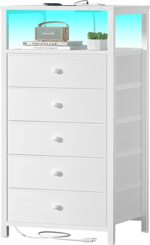 Miniatura 15 de BOLUO Cómoda alta con cajones, mesita de noche blanca con estación de carga y luz LED, cómoda pequeña de 4 cajones en blanco para dormitorio