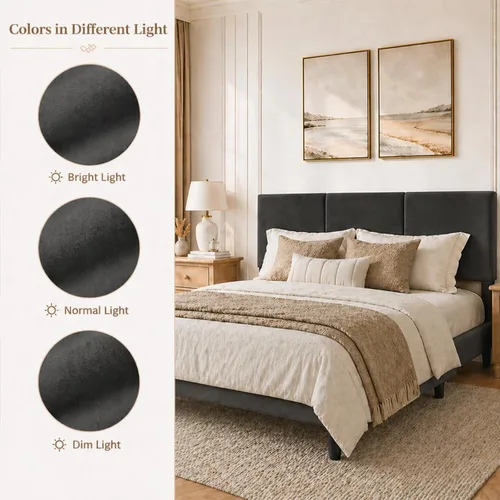 Miniatura 7 de Marco de cama tamaño Queen con cabecero – Marco de cama de plataforma resistente tapizado con canales verticales acolchados elegante con listones