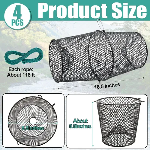 Miniatura 2 de Juego de 4 trampas para cangrejos con clip de resorte de cierre y 4 cuerdas de mano, trampa de pesca para cangrejos de río Crawdad langosta cebo