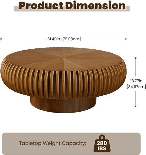 Miniatura 2 de Mesa de centro de tambor de 31.5 pulgadas, moderna y única, mesa de té acanalada, mesa de centro redonda de madera contemporánea con mesa central