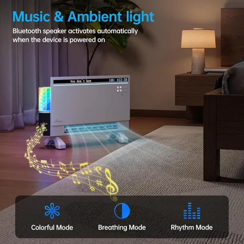 Miniatura 5 de Hawkrown - Calentador de panel inteligente de 1800 W con altavoz Bluetooth, reproduce música y visualiza letras y luces RGB, ventilador calefactor 6