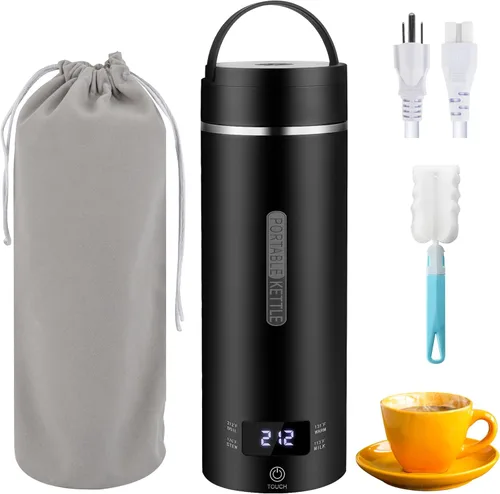 Hervidor eléctrico portátil de viaje, calentador de café y té hervido con agua caliente, 15.2 fl oz, acero inoxidable 316, 4 preajustes de Negro