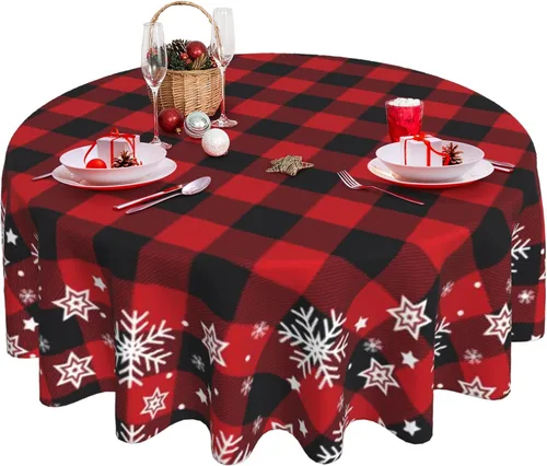 Miniatura 29 de Mantel redondo de Navidad con diseño de copos de nieve de Navidad para cocina, comedor, decoración de mesa de poliéster lavable para mesa de bufé