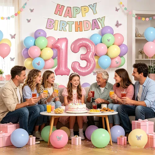 Miniatura 8 de 13th Birthday Decorations For Girls -12 Inch Pastel Balloons, 32 Inch Pink 13 Balloon, 3D Butterflies Stickers, Happy Birthday Banner For Teen Girl