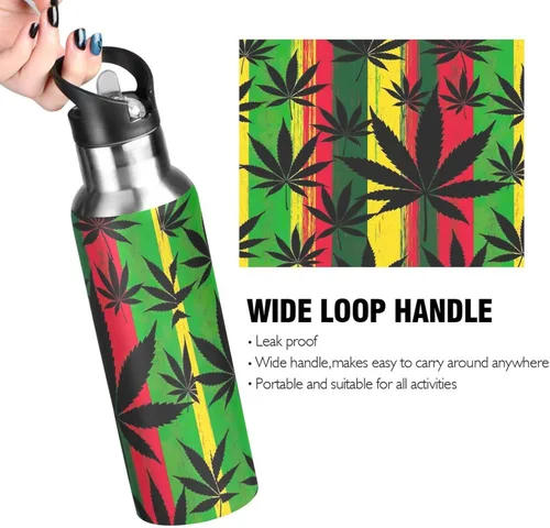 Miniatura 4 de BPA-Free Sports Water Bottle with Straw 20 Oz, Stainless Steel Water Bottle for Gym Outdoor Travel School, Black Leaves Colorful Stripes