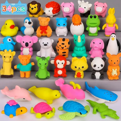 Moosia Paquete de 34 borradores de lápices de animales para niños, rompecabezas 3D para desmontar, mascotas de escritorio y juguetes de caja del