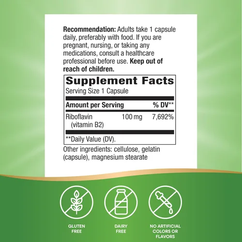 Miniatura 5 de Nature's Way Riboflavina Vitamina B2, Apoya la Producción de Energía Celular*, Riboflavina de Alta Potencia, 100 mg por porción, 100 cápsulas