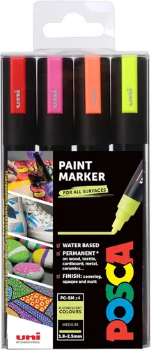 Posca Juego de 4 marcadores fluorescentes, bolígrafos de pintura con punta de bala para arte y manualidades, uso multisuperficie en madera, metal,
