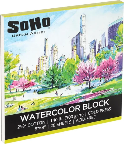 SoHo Urban Artist Bloque de acuarela de 8 x 8 a 140 libras, 20 hojas de prensa en frío, profesional, sostenible, sin ácidos