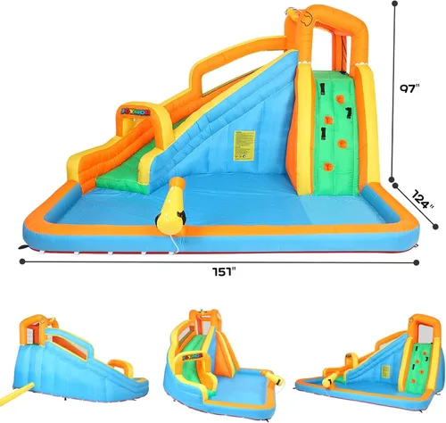 Miniatura 6 de JOYMOR Parque inflable de tobogán acuático con piscina, pared de escalada, cañón de agua, toboganes acuáticos inflables para patio trasero, Naranja