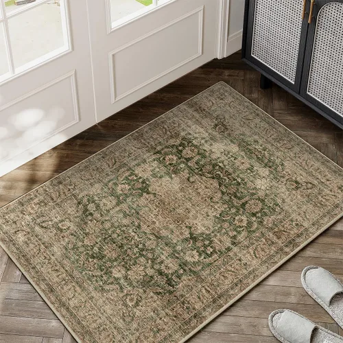 Miniatura 26 de Alfombra de área marrón lavable de 2 x 3 pies, alfombra vintage para entrada y cocina, antideslizante, suave, de pelo bajo desgastado, alfombra