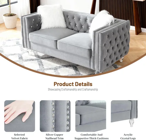 Miniatura 3 de Chesterfield - Sofá biplaza de lujo con patas acrílicas, sofás de 2 plazas, moderno de 59.84 pulgadas, con botones de diamante copetudo, con ribete