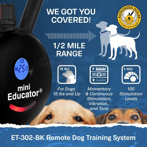 Miniatura 2 de Educator ET-302 Collar Mini Negro E para Adiestramiento de Perros con Control Remoto - Alcance de 1/2 Milla, Resistente al Agua, 100 Niveles