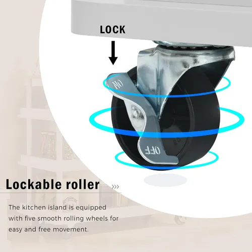Miniatura 9 de Livavege Carrito de cocina multiusos con gabinete de almacenamiento, cajón, estante ajustable y gancho lateral, isla de cocina rodante sobre 5