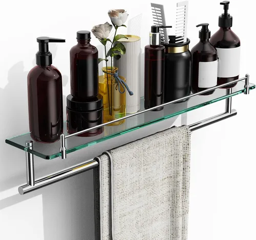 Miniatura 7 de Estante de baño flotante de vidrio templado con toallero, níquel cepillado y acero inoxidable, montaje en pared de 16 pulgadas
