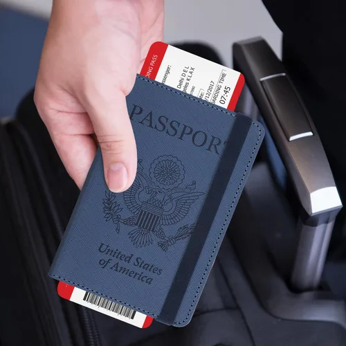 Miniatura 6 de RSAquar Soporte para pasaporte para mujeres y hombres, de piel sintética de alta calidad, cartera de pasaporte de viaje, con bloqueo RFID, cubierta