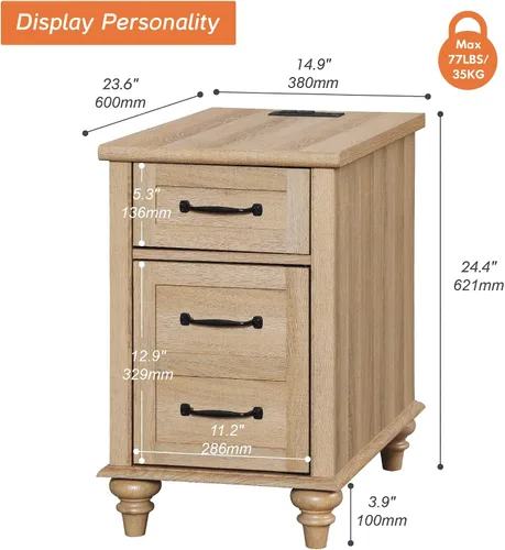 Miniatura 2 de WAMPAT Mesa auxiliar estrecha de roble con estación de carga, mesa auxiliar de granja con patas de madera maciza, mesita de noche de madera