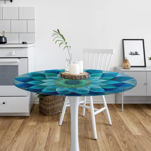 Miniatura 7 de Pardick Mantel redondo ajustable con diseño de flores color verde azulado, con diseño de mandala, con elástico, impermeable, lavable