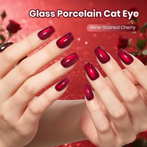 Miniatura 4 de Beetles - Esmalte de uñas de gel de ojo de gato rojo, cereza teñida de vino, 0.5 onzas líquidas, esmalte de gel magnético 2 efectos de ojo de gato