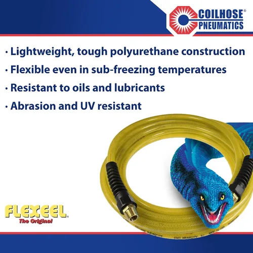 Miniatura 2 de Coilhose Pneumatics PFE60254TY Flexeel Manguera de aire de poliuretano reforzado, 3/8" diámetro interior, 25' de longitud con (2) accesorios