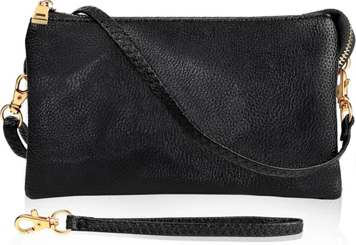 Miniatura 15 de Humble Chic bolsa pequeña de piel vegana, para usar cruzada o cartera con ajuste de pulsera, incluye hombro ajustable y correa para muñeca. Oro