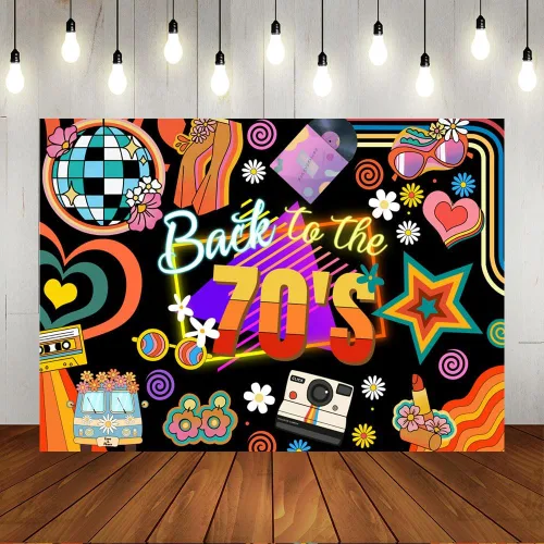Lofaris Fondo de fiesta de regreso a los años 70 para adultos, decoraciones de fiesta de discoteca, bola de discoteca retro de los años 70, Let's