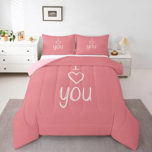 Miniatura 35 de Juego de edredón de San Valentín para parejas, juegos de ropa de cama rojo y blanco para niños, niñas, adolescentes, con texto en inglés "I Love