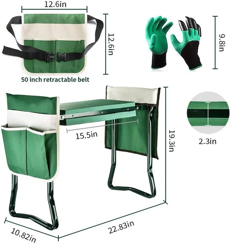 Miniatura 2 de Taburete plegable de jardín resistente con guantes de bolsillo extraíbles grandes y almohadilla de EVA suave para amantes de la jardinería