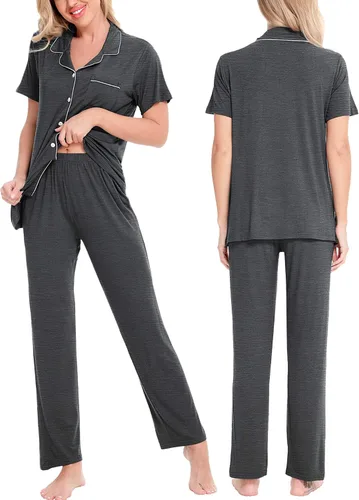Miniatura 2 de SWOMOG conjunto de pijama de dos piezas para mujer, ropa de dormir de manga corta, con botones, pantalones largos