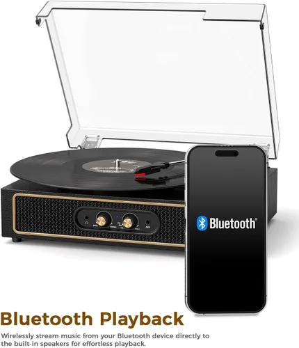 Miniatura 9 de Tocadiscos retro Bluetooth con altavoces integrados, tocadiscos de 3 velocidades por correa, control de graves y agudos, reproductor de vinilo Negro