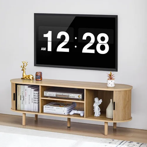 Miniatura 4 de Janmer Home Soporte de TV acanalado de 54 pulgadas con almacenamiento, consola de TV moderna de mediados de siglo con puertas correderas Tambour